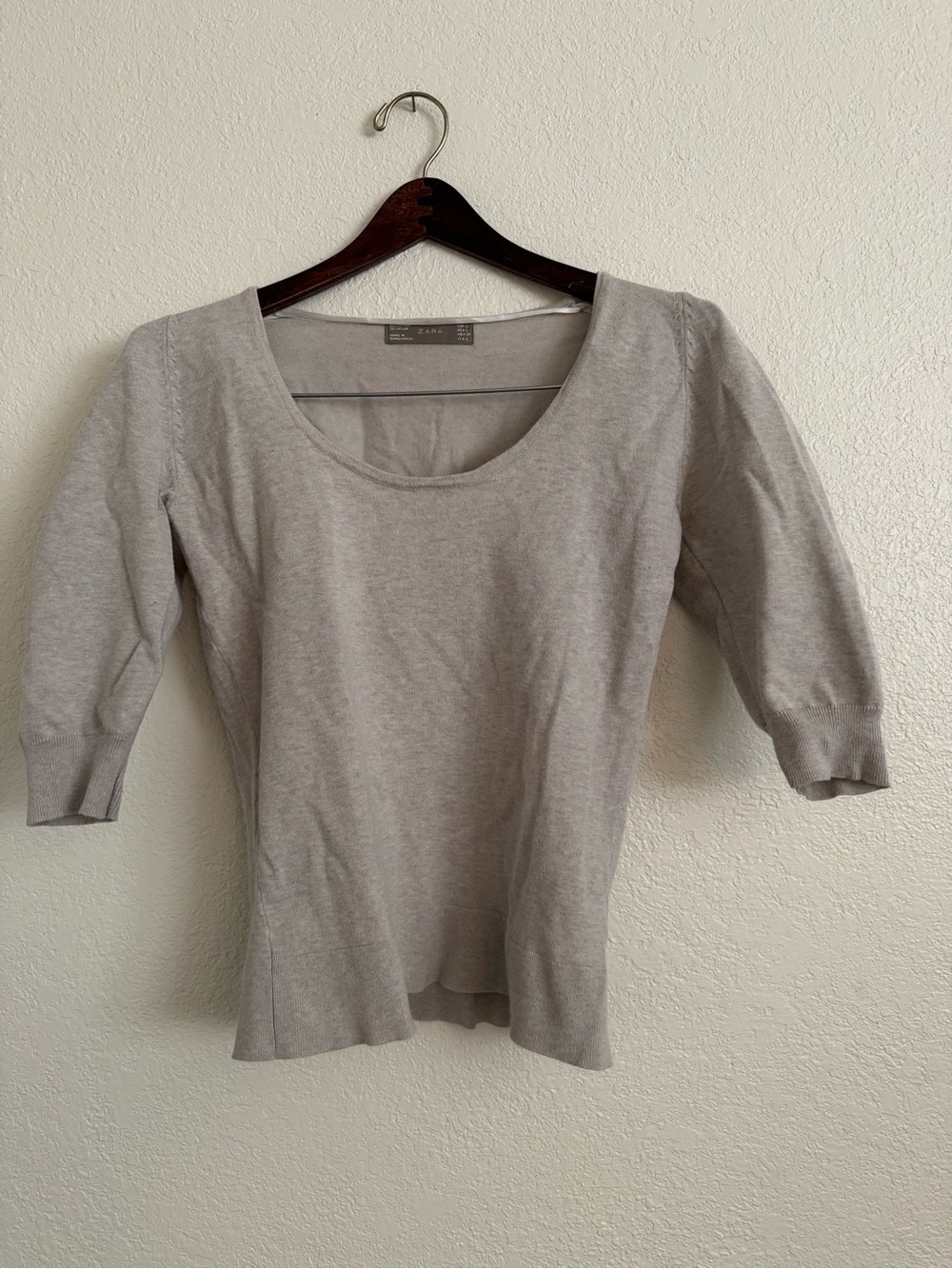 Zara Beige Knit Puff Sleeve Scoop Neck Cotton Blend Top Size Large - Picture 3 of 5